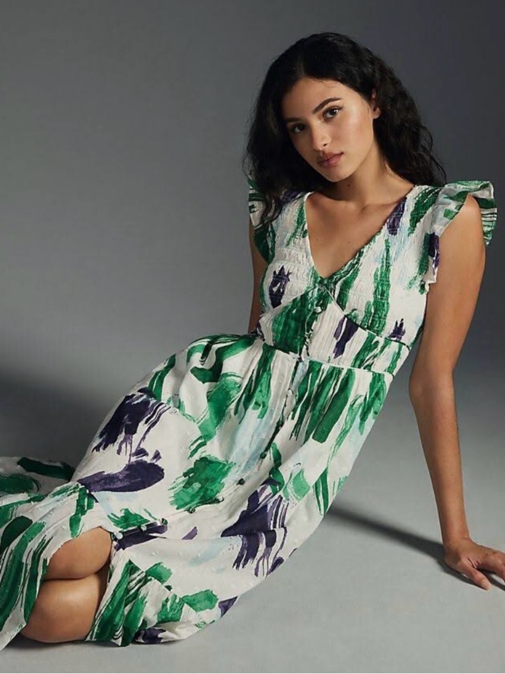 Anthropologie The Peregrine Blue Green ruffle sleeve White Midi Dress NWT size M